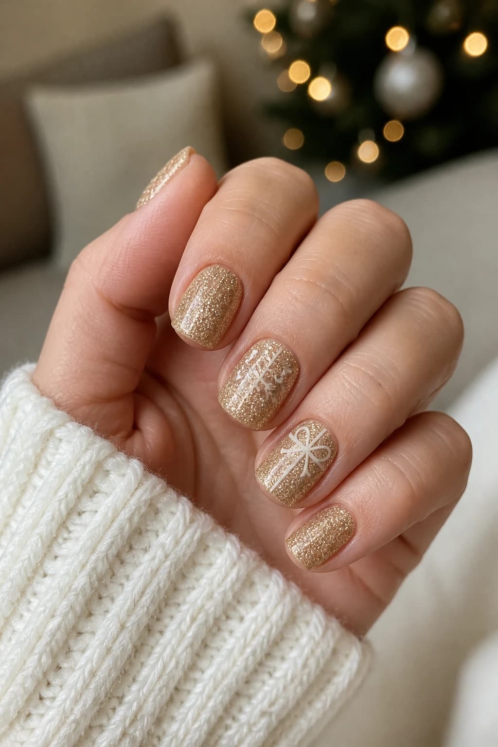 Short coffin nails in gold with a glitter finish, Christmas nail design