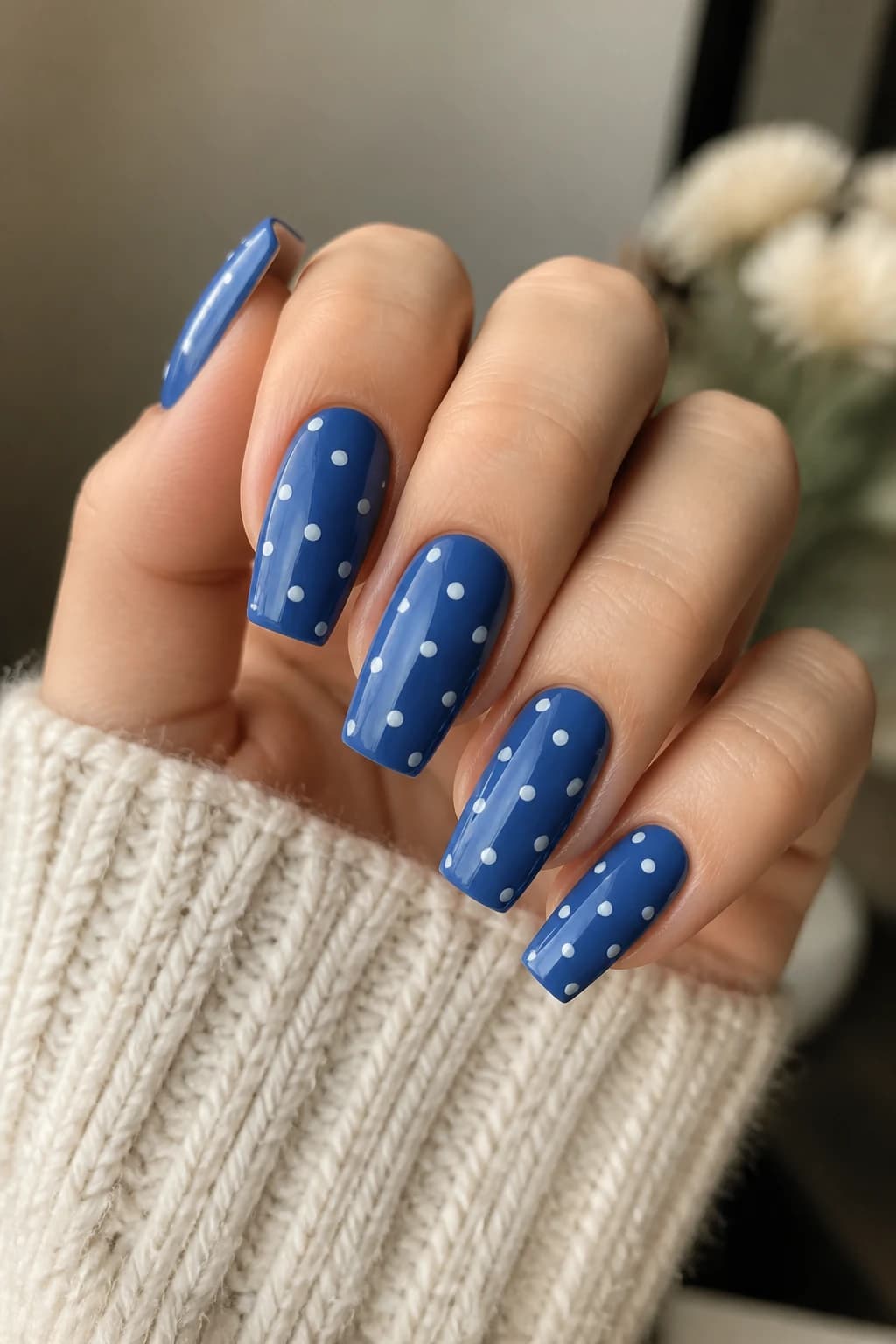 Medium coffin nails in blue with a polka dot design and a glossy finish