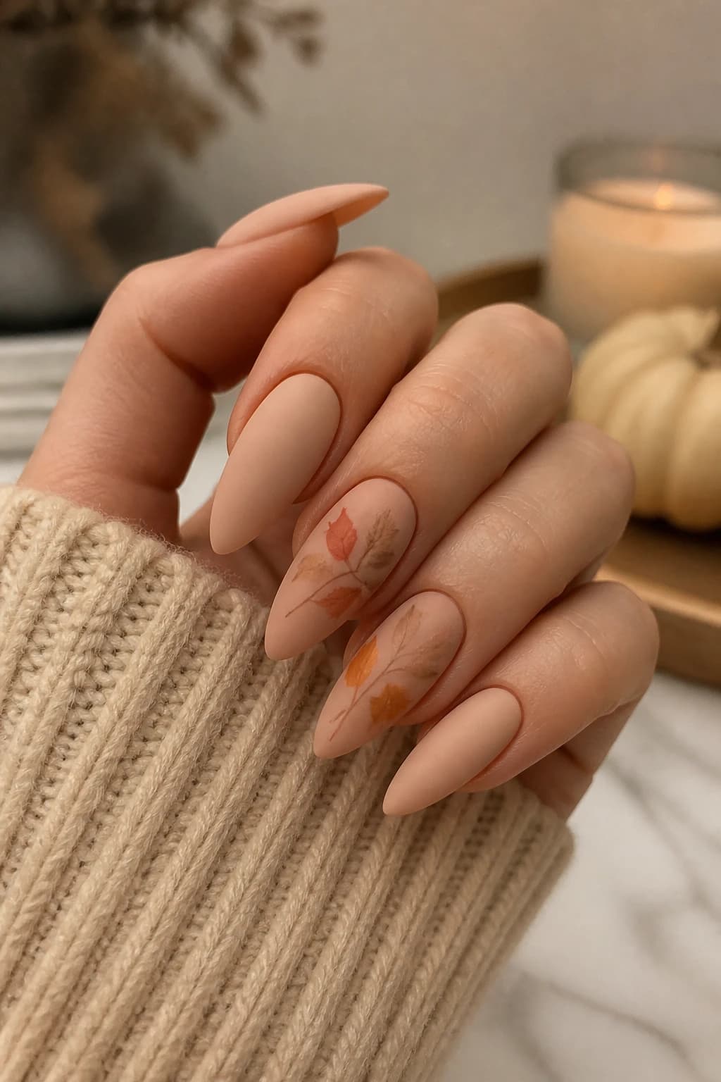 Long almond nails in nude with a matte finish, Thanksgiving nail design