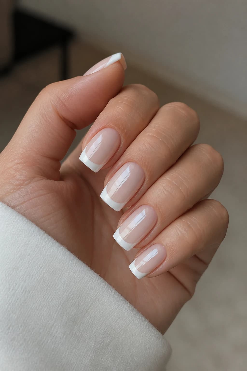 Medium square nails in white and cream with a French tip design and a chrome finish