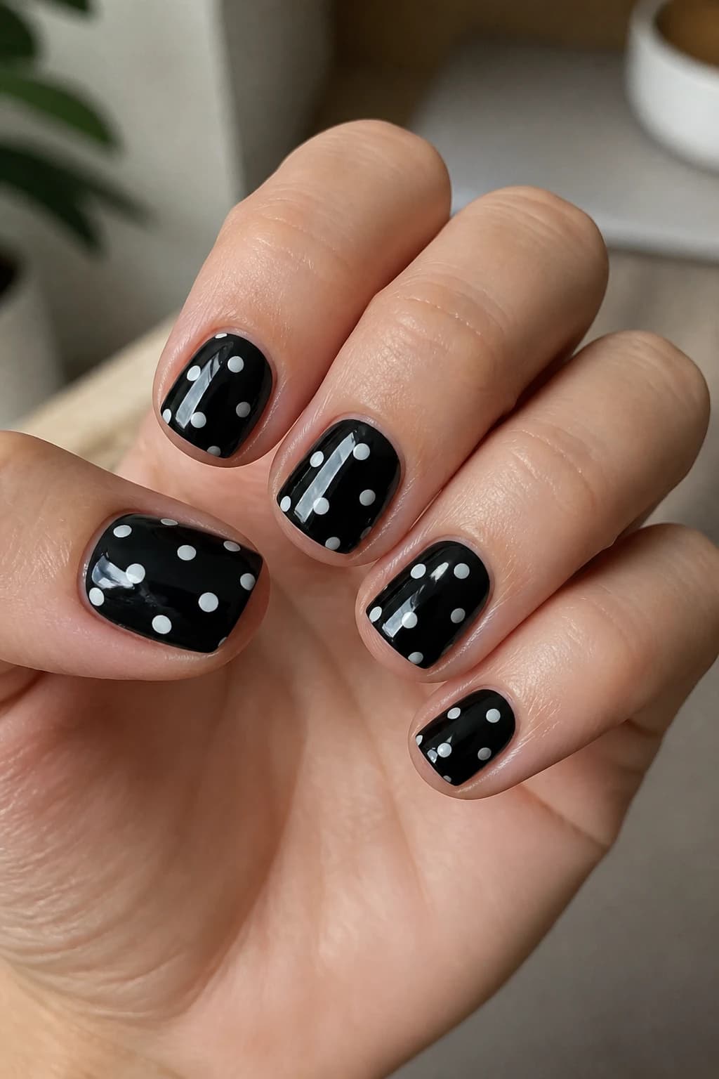 Short square nails in black with a polka dot design and a glossy finish