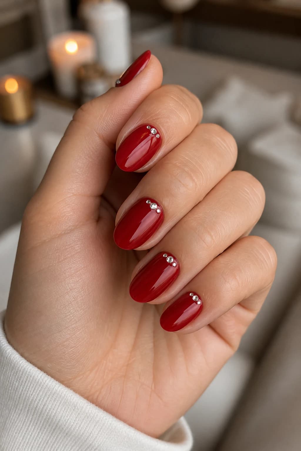 Short almond nails in red with a rhinestone design and a glossy finish