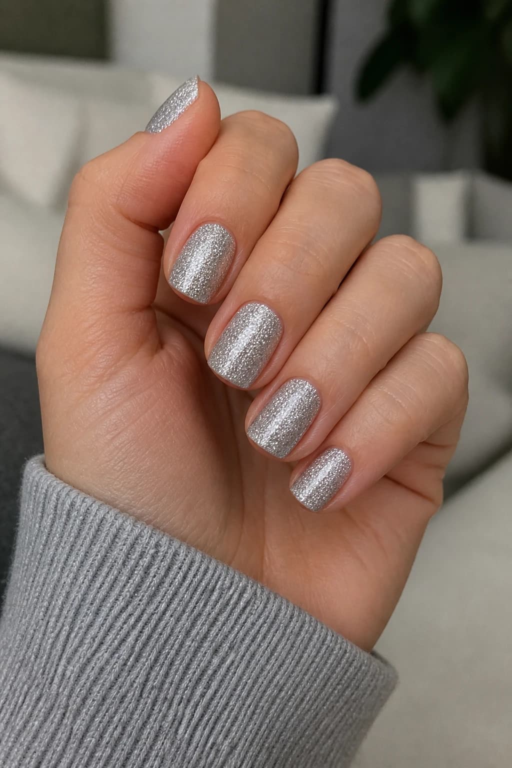 Short coffin nails in gray and silver with a glitter finish