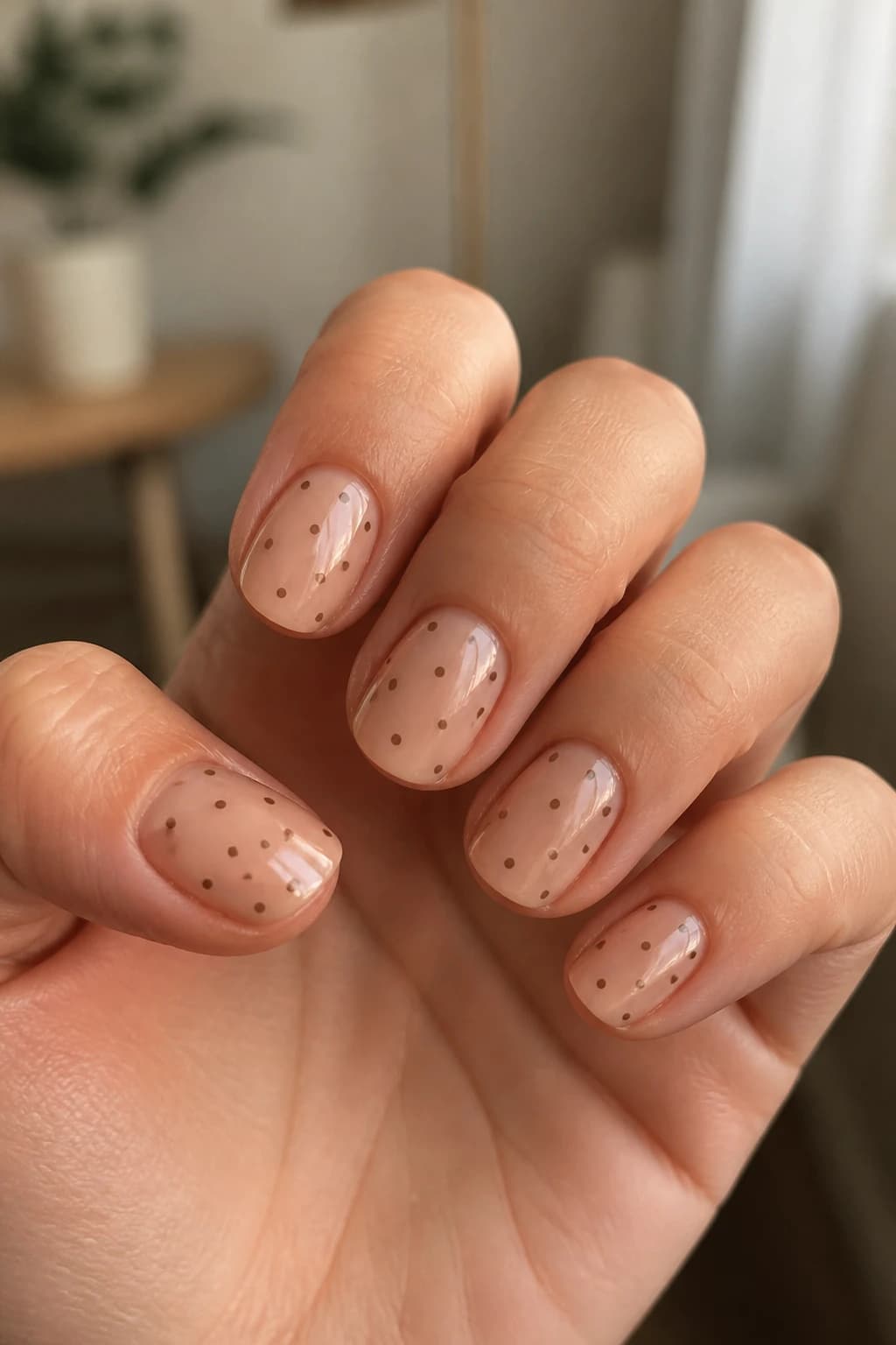 Short almond nails in nude with a polka dot design and a glossy finish