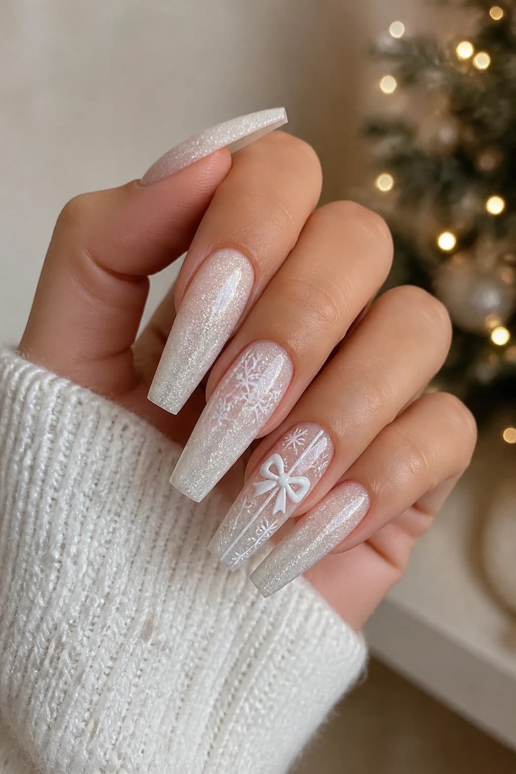 Long coffin nails in white and cream with a glitter finish, Christmas nail design