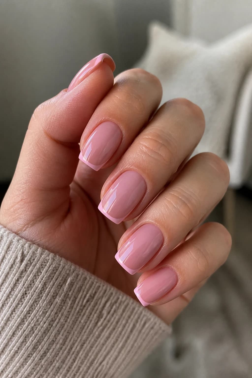 Medium square nails in pink with a micro French design and a chrome finish, fall nail design