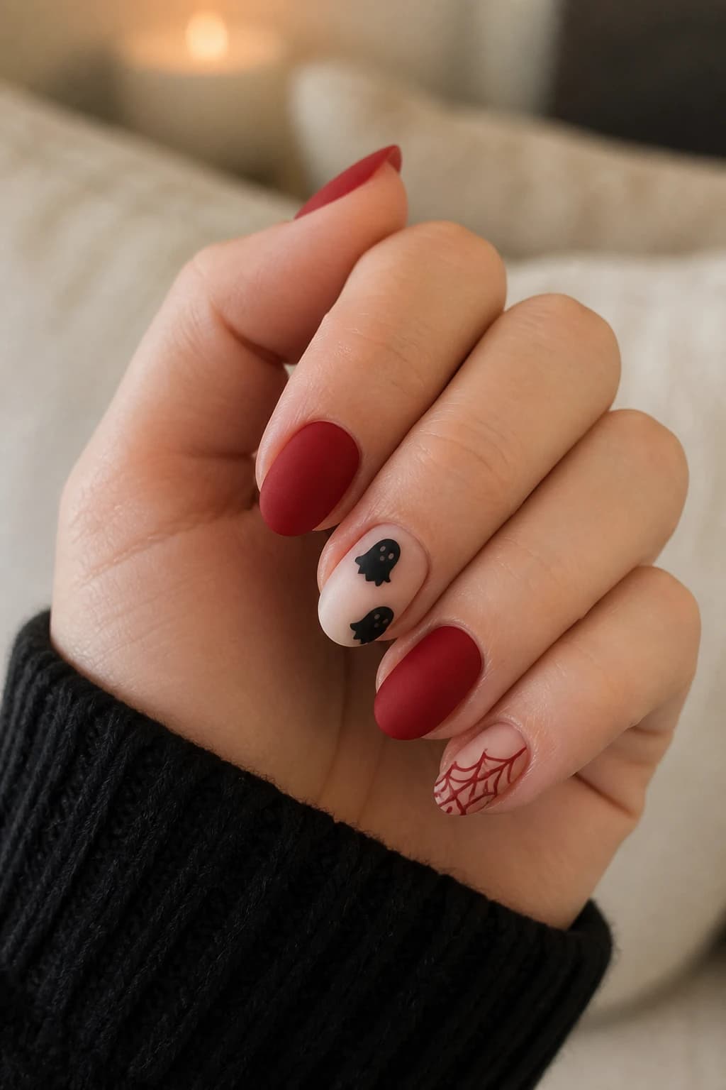 Short almond nails in red with a matte finish, Halloween nail design