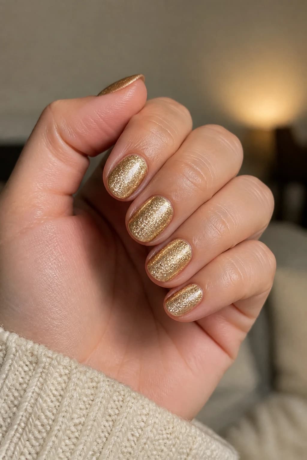 Short almond nails in gold with a glitter finish