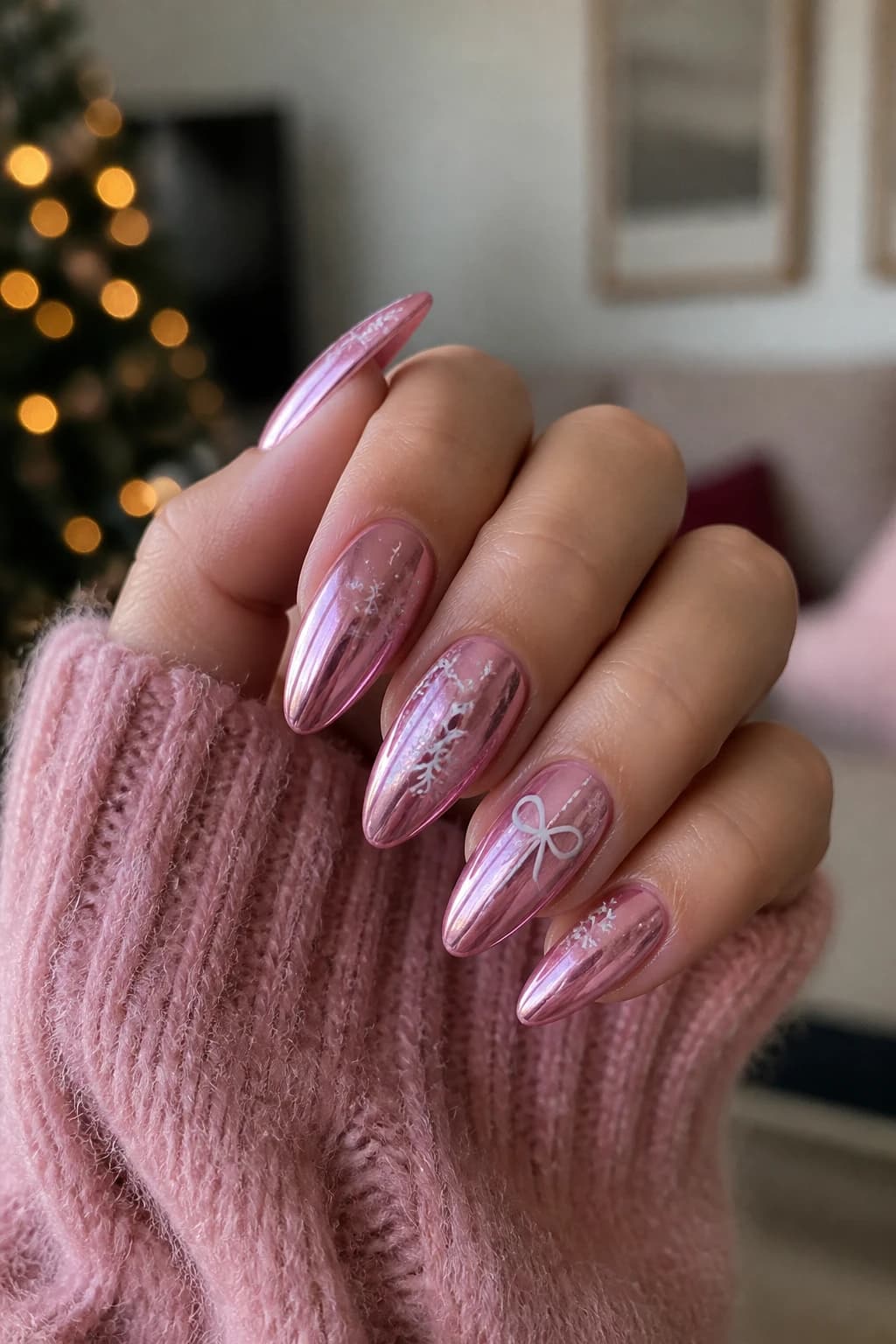 Long almond nails in pink with a chrome finish, Christmas nail design