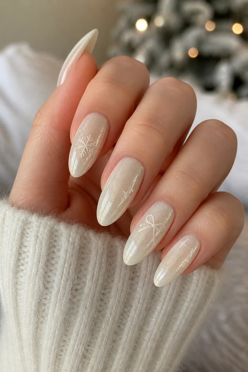 Long almond nails in white and cream with a cat eye finish, Christmas nail design