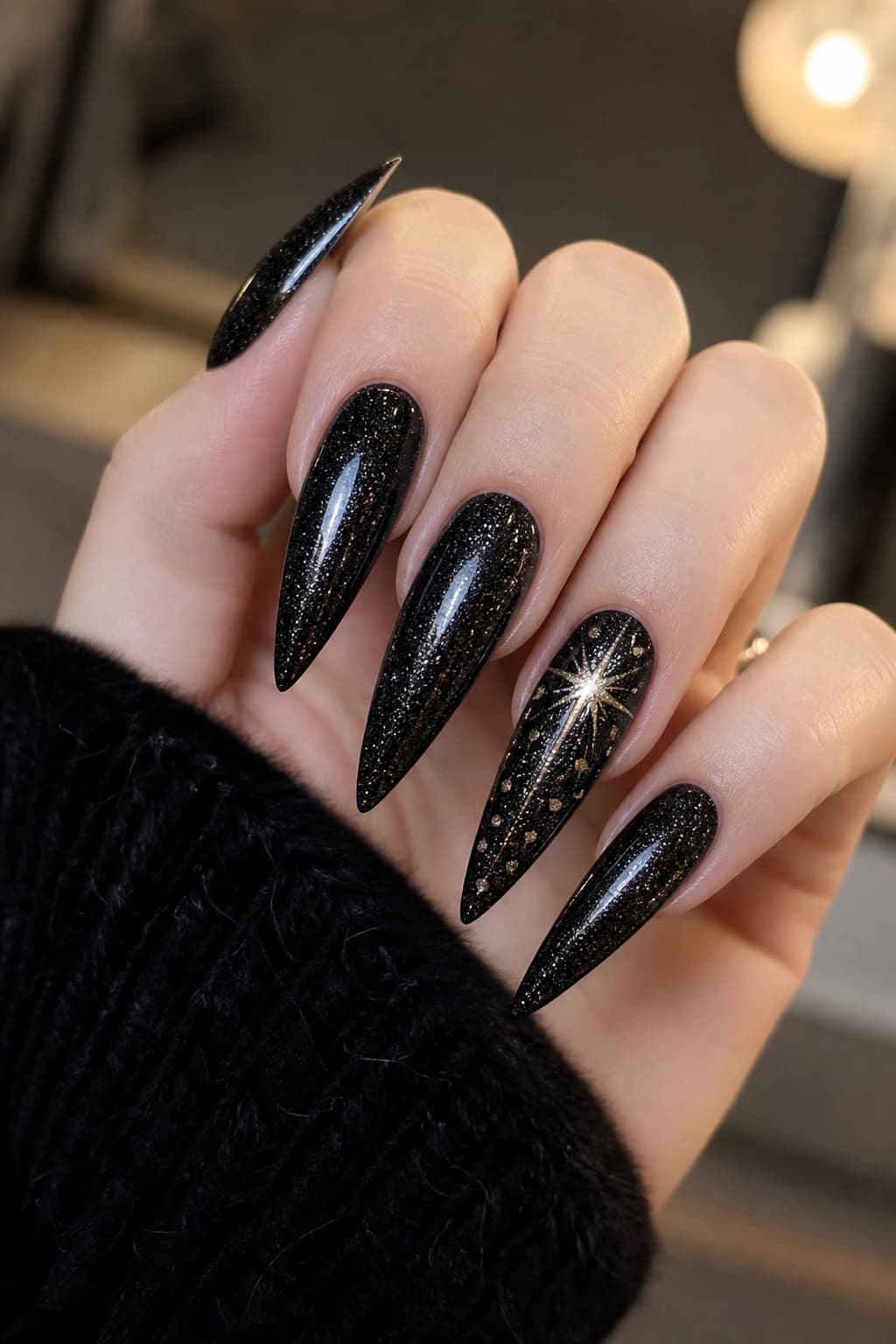 Long stiletto nails in black with a glitter finish, New Year's nail design