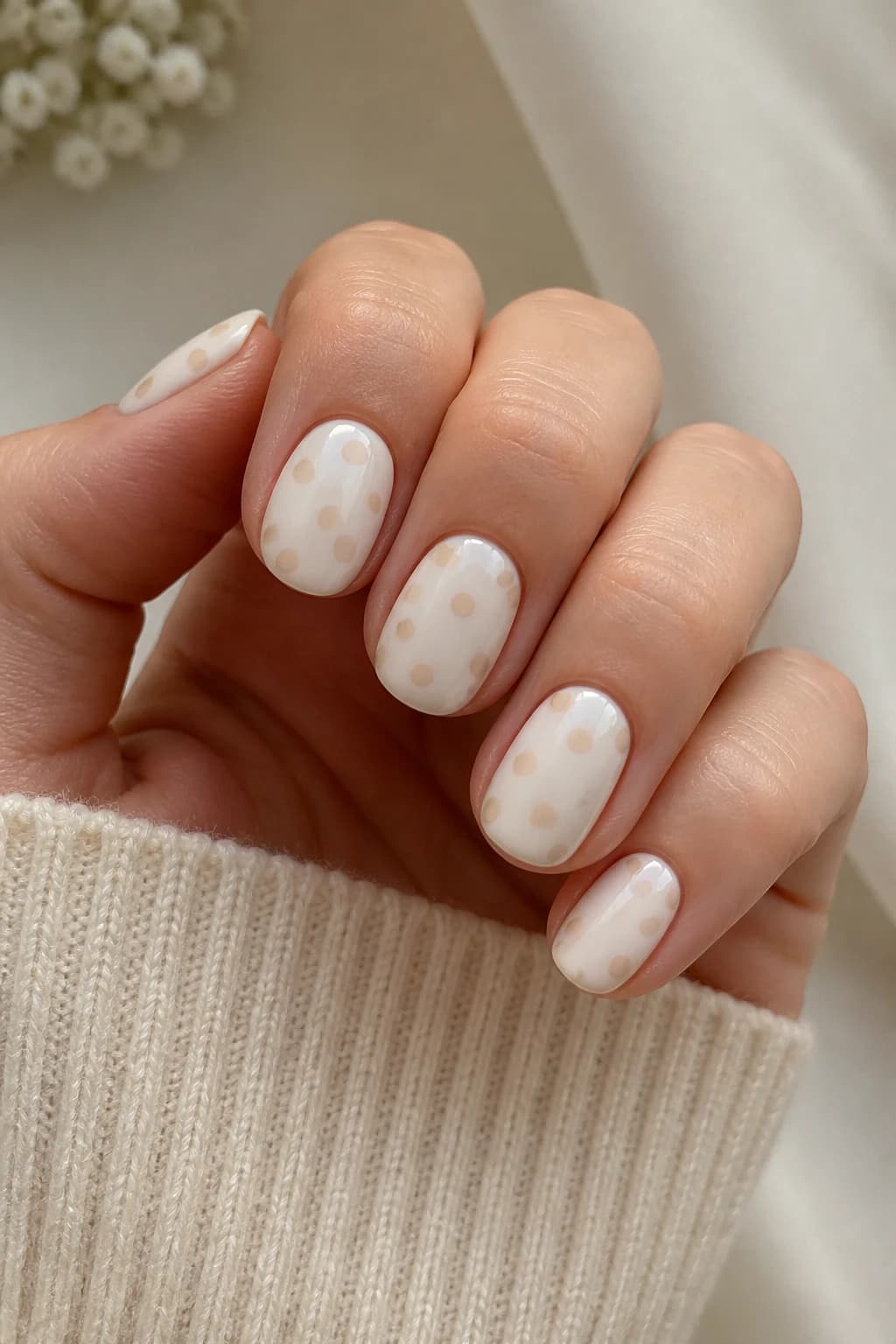 Short almond nails in white and cream with a polka dot design and a glossy finish