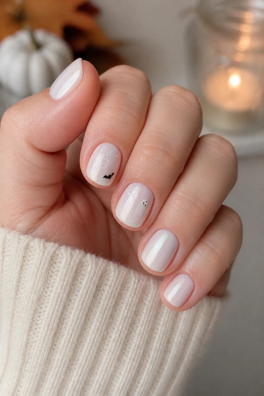 Short round nails in white and cream with a chrome finish, Halloween nail design