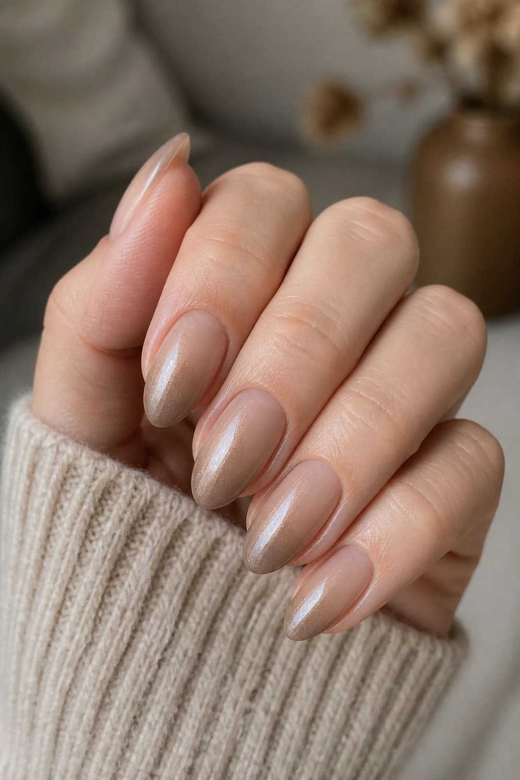 Medium almond nails in nude with an ombré design and a cat eye finish, fall nail design