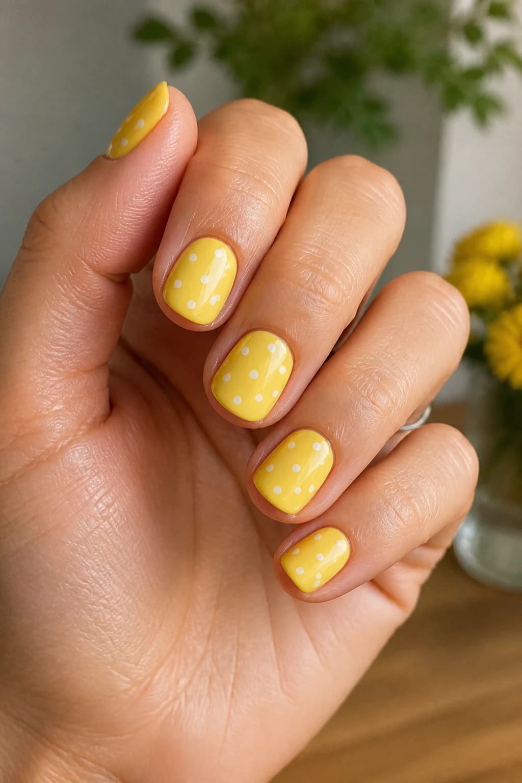Short oval nails in yellow with a polka dot design and a glossy finish, summer nail design