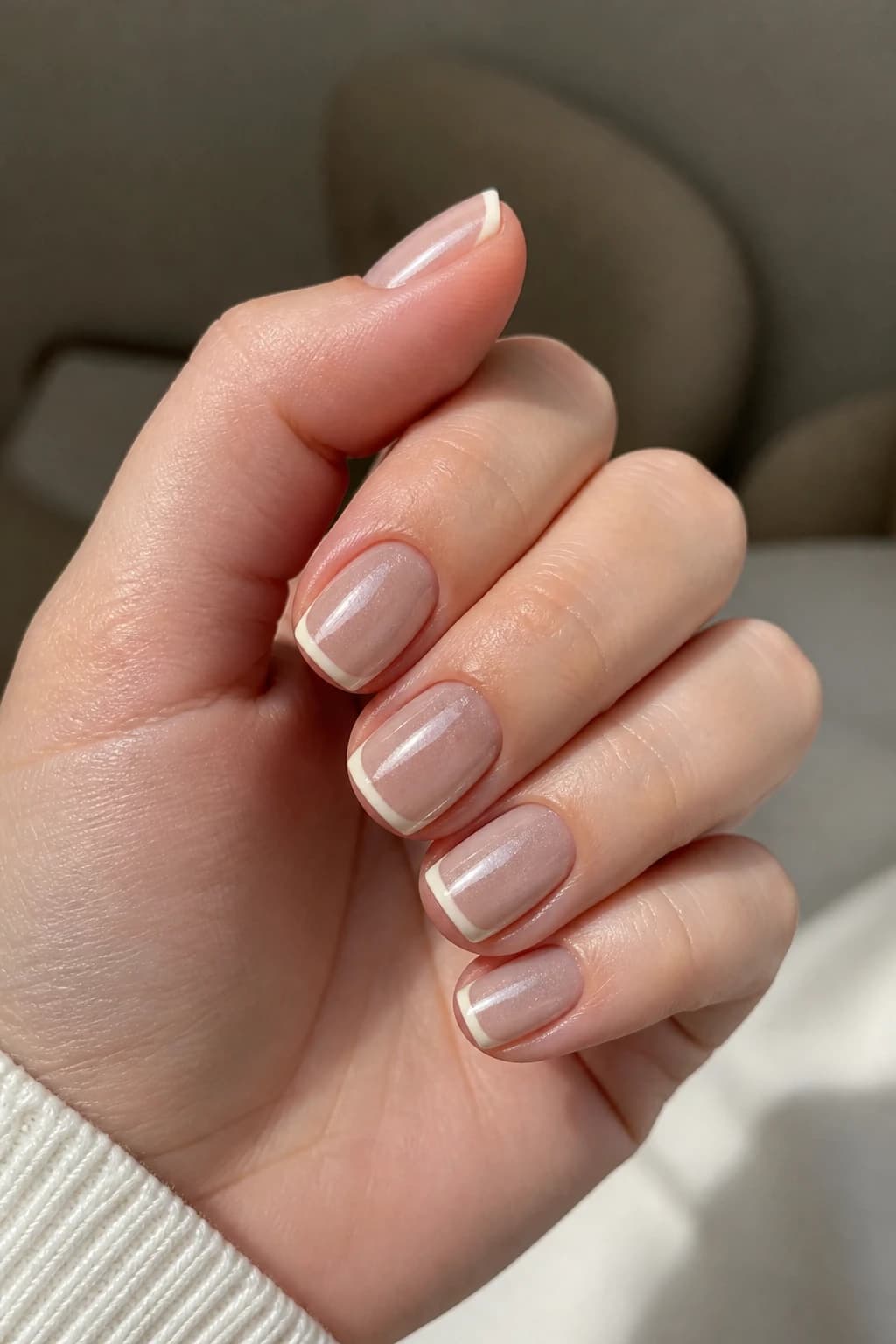 Short square nails in nude with a French tip design and a cat eye finish