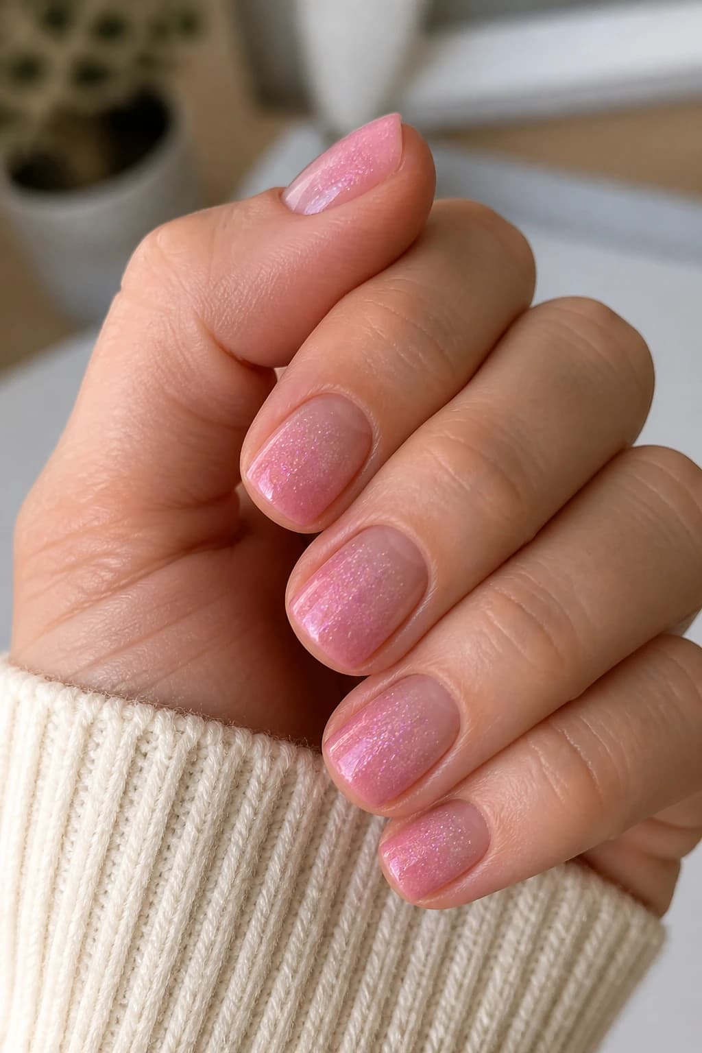 Short square nails in pink with an ombré design and a glitter finish