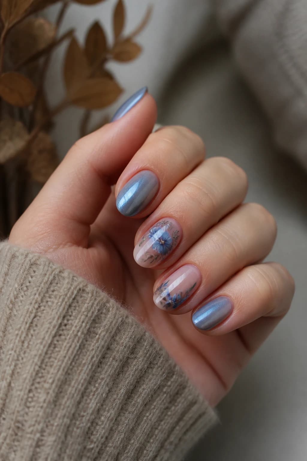 Short almond nails in blue with a floral design and a chrome finish, fall nail design