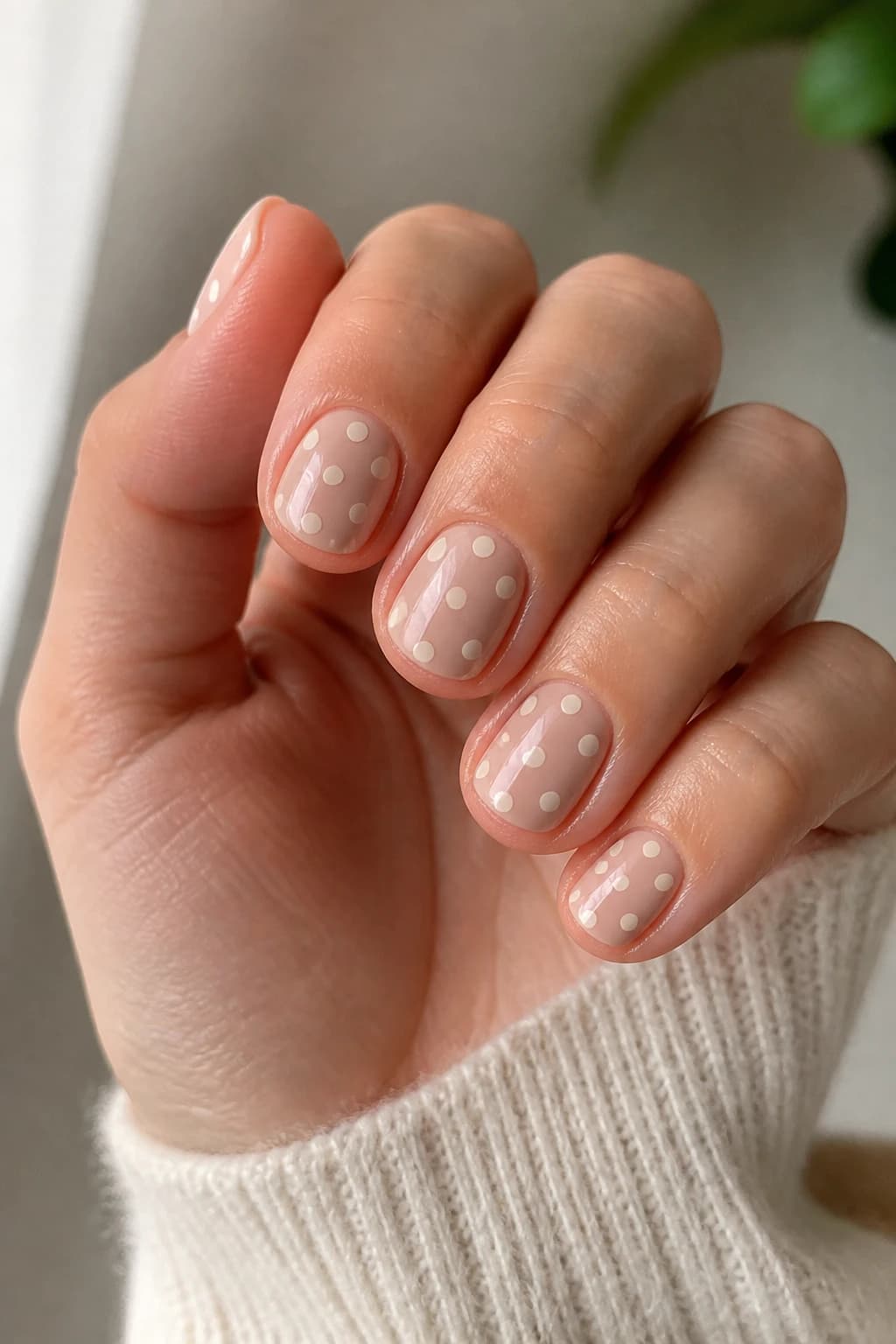 Short oval nails in nude with a polka dot design and a glossy finish