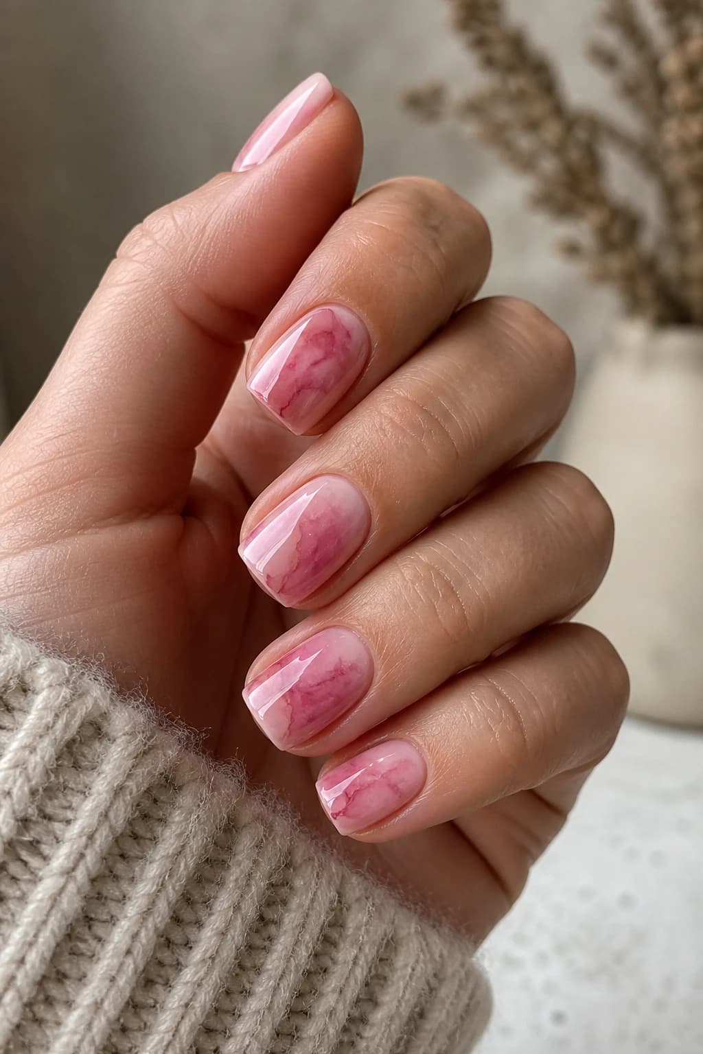 Short coffin nails in pink with a blooming gel design and a glossy finish, fall nail design