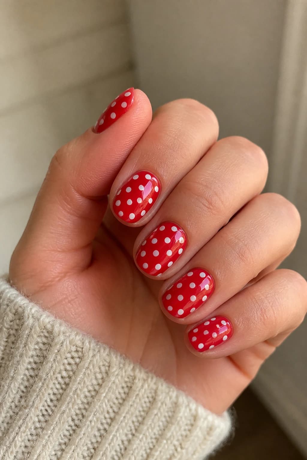 Short almond nails in red with a polka dot design and a glossy finish