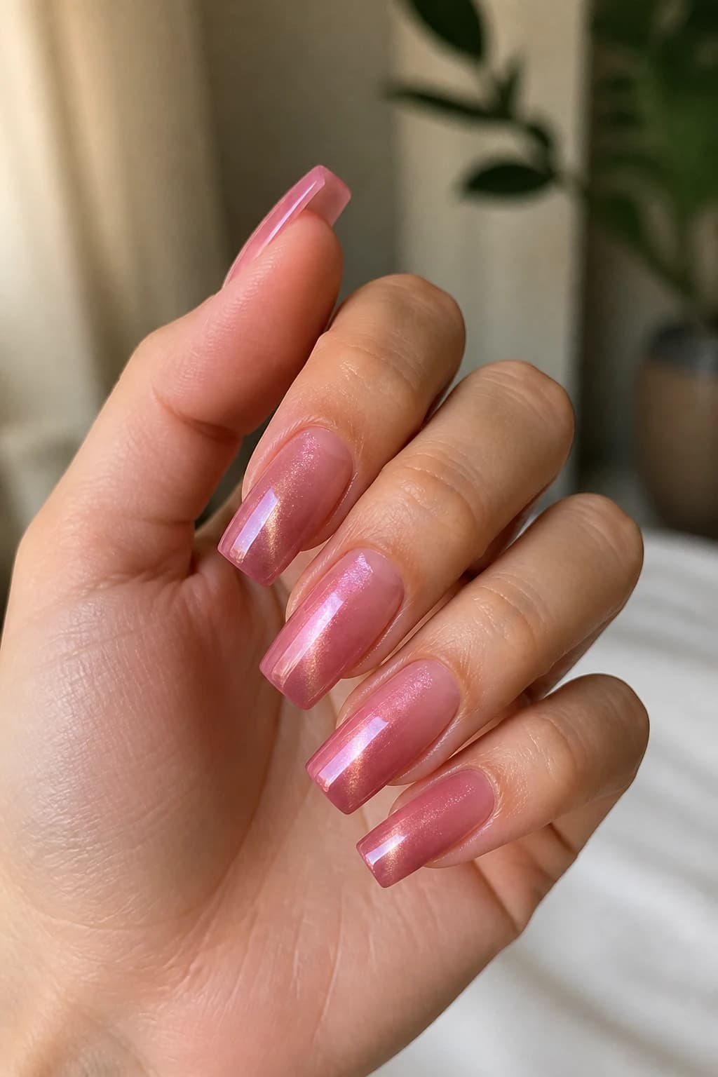 Long square nails in pink with a jelly design and a cat eye finish, fall nail design