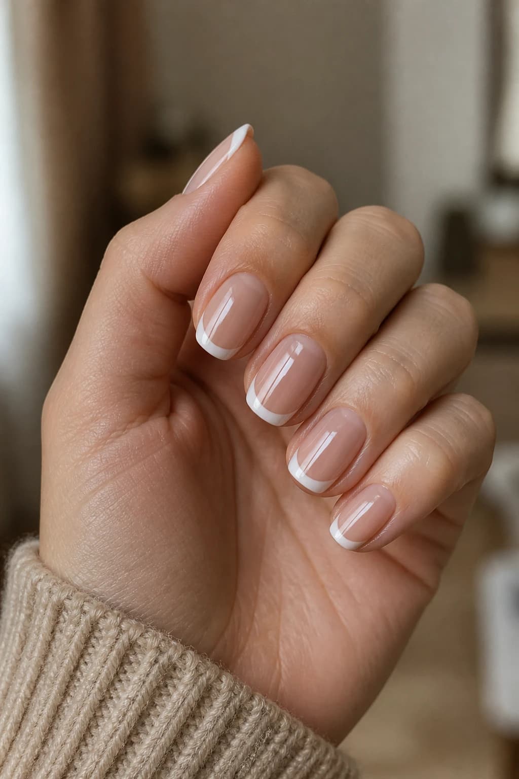 Short round nails in nude with a French tip design and a glossy finish, fall nail design