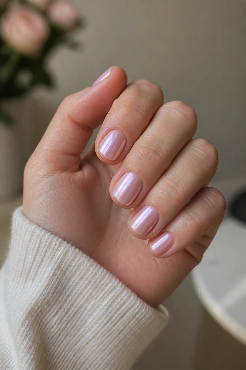 Short round nails in pink with a chrome finish