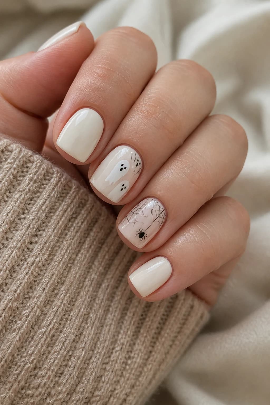 Short square nails in white and cream with a glossy finish, Halloween nail design