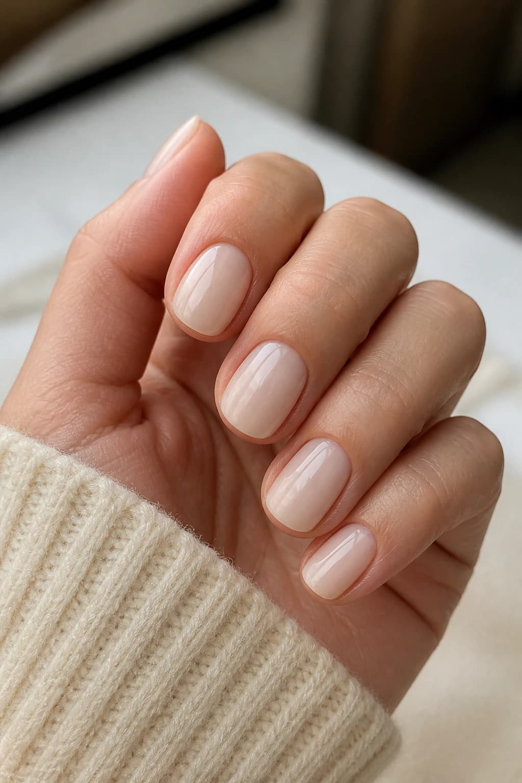 Short oval nails in white and cream with a jelly design and a matte finish