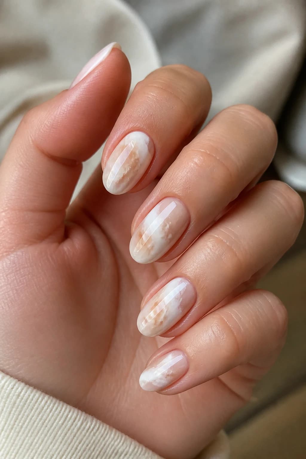 Short stiletto nails in white and cream with a blooming gel design and a glossy finish