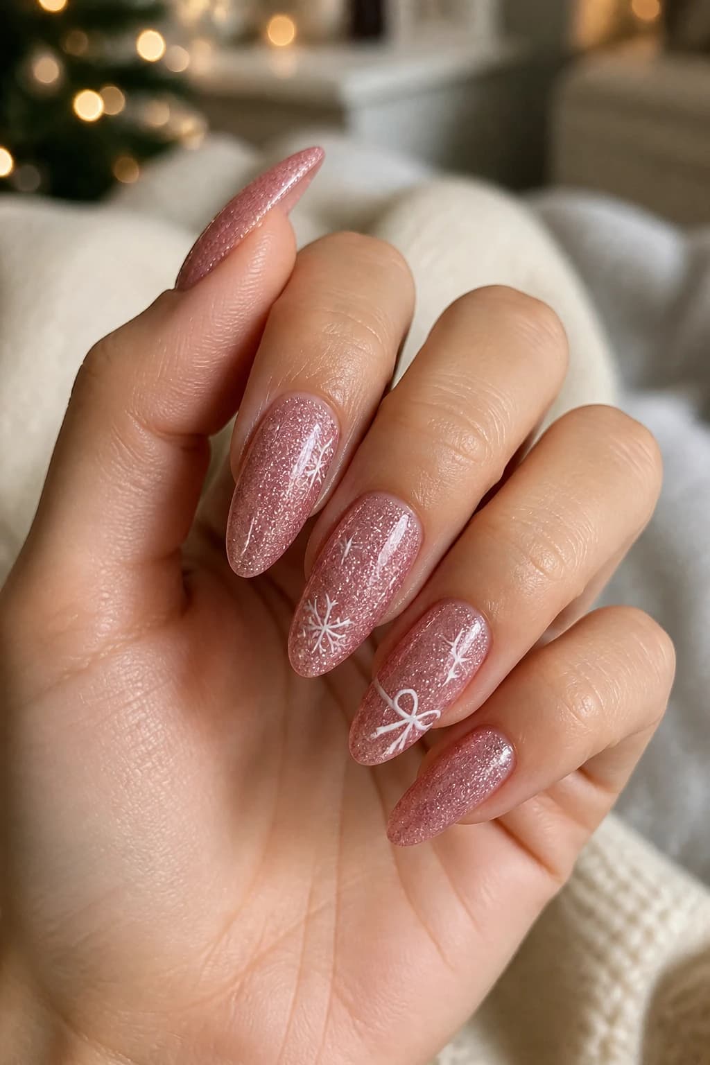 Long almond nails in pink with a glitter finish, Christmas nail design