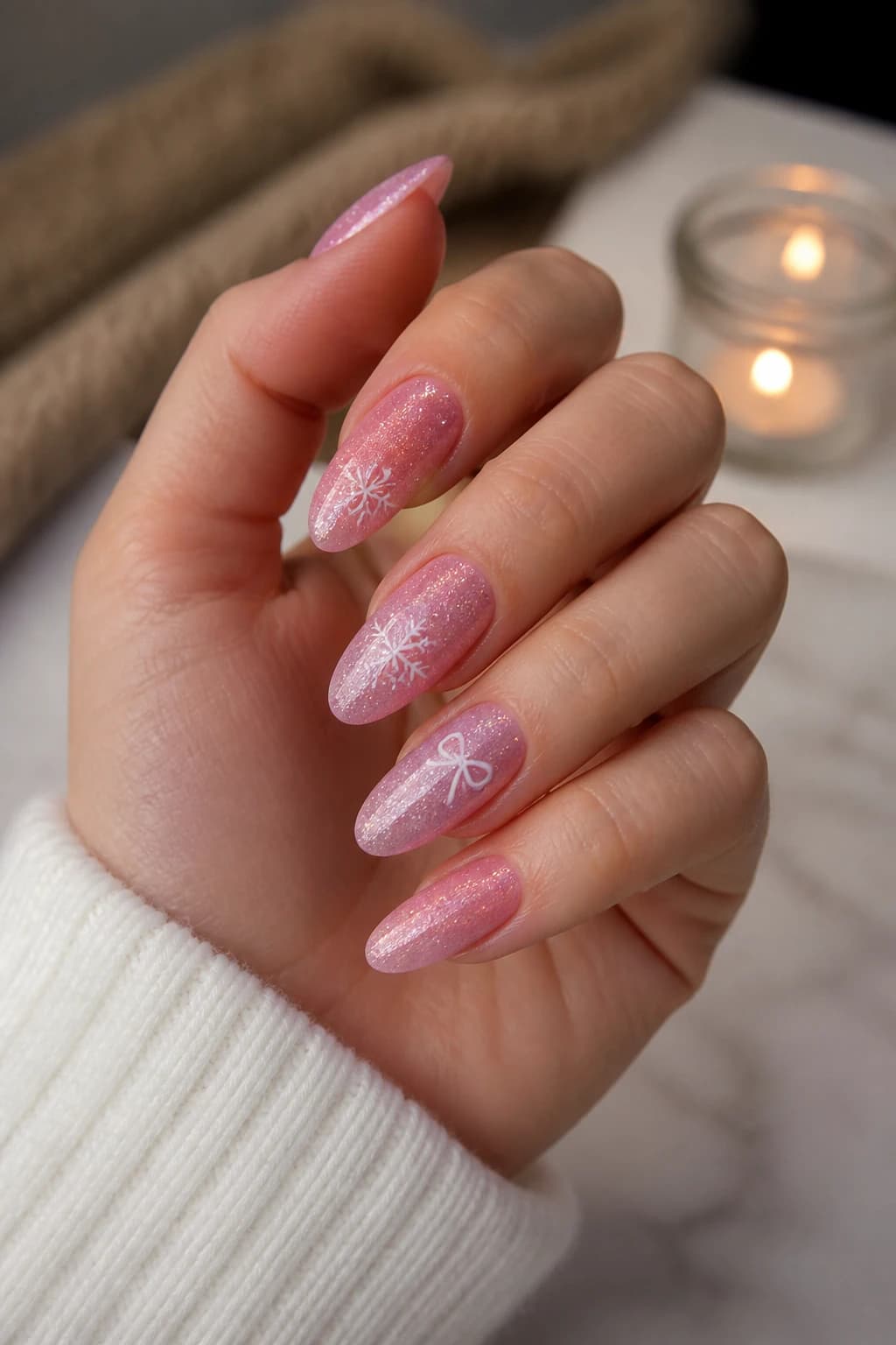 Long round nails in pink with a glitter finish, Christmas nail design
