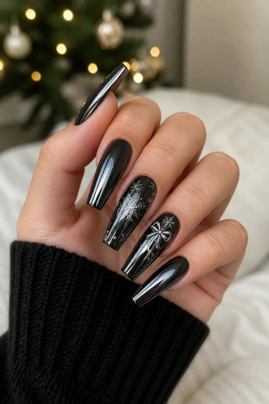 Long coffin nails in black with a chrome finish, Christmas nail design