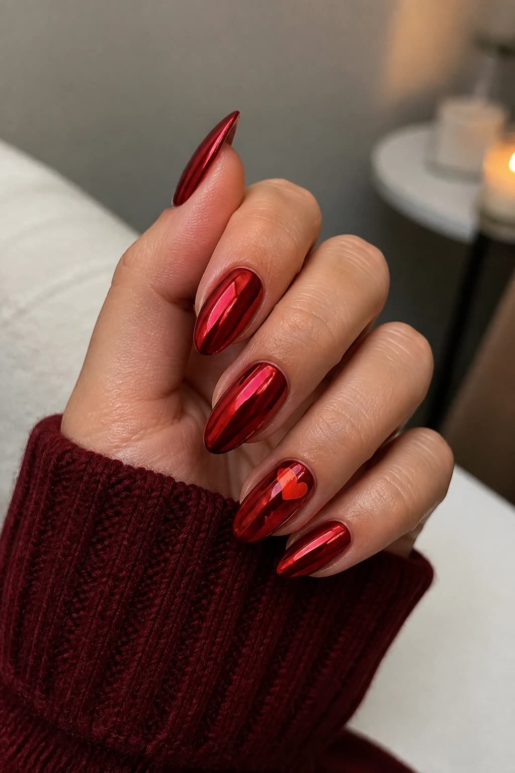 Long almond nails in red with a heart design and a chrome finish