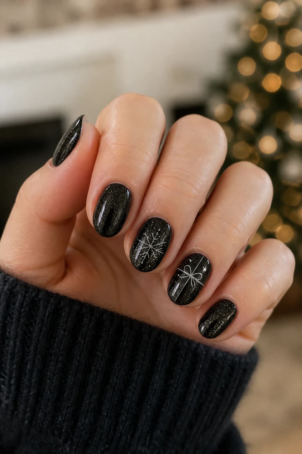 Short almond nails in black with a glitter finish, Christmas nail design