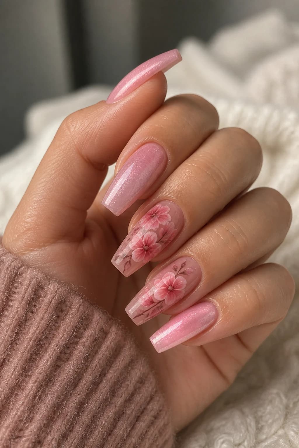 Long coffin nails in pink with a floral design and a cat eye finish, fall nail design