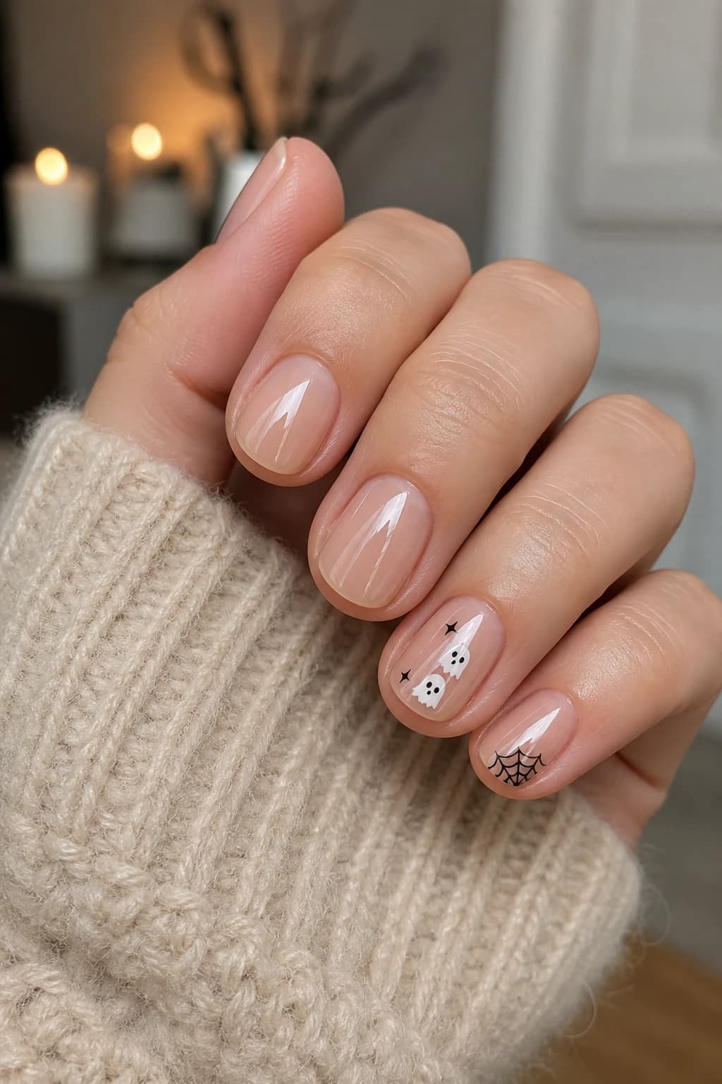 Short oval nails in nude with a chrome finish, Halloween nail design