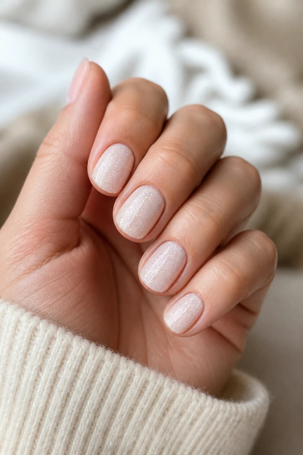 Short oval nails in white and cream with a glitter finish