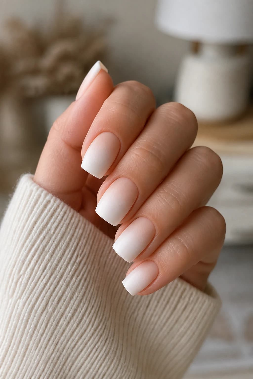 Medium square nails in white and cream with an ombré design and a matte finish, fall nail design