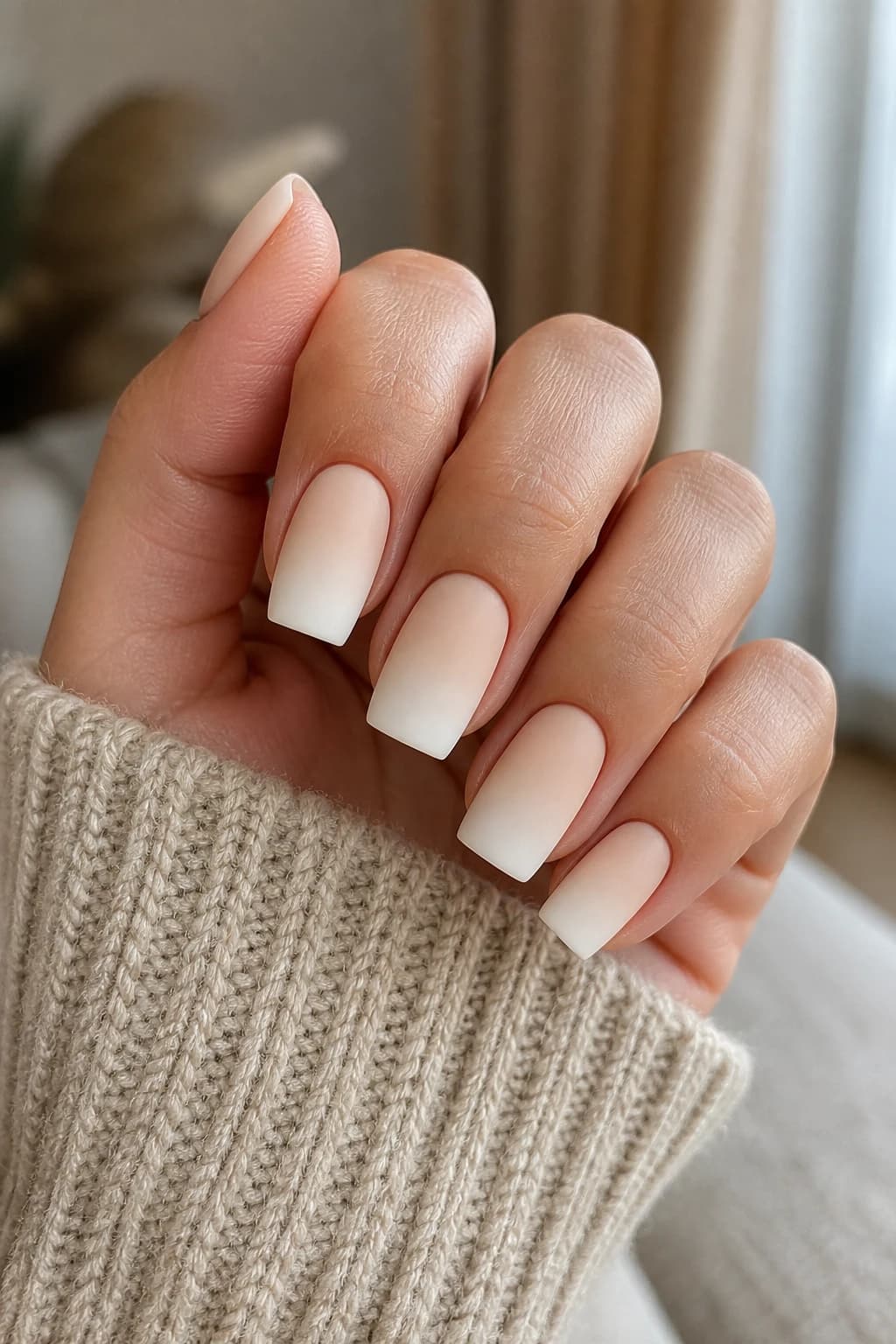 Medium square nails in white and cream with an ombré design and a matte finish, fall nail design