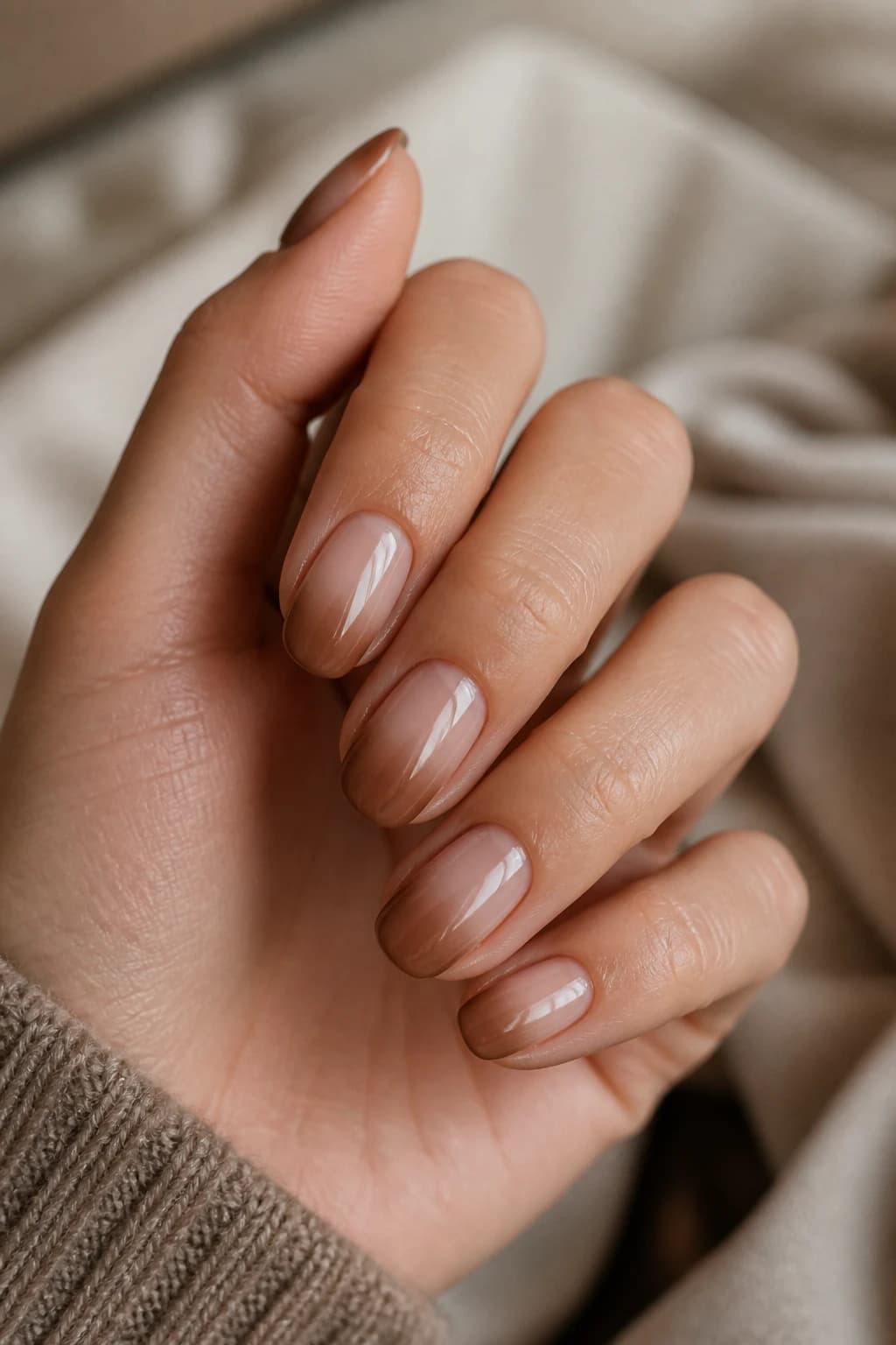 Medium round nails in nude with an ombré design and a chrome finish, fall nail design