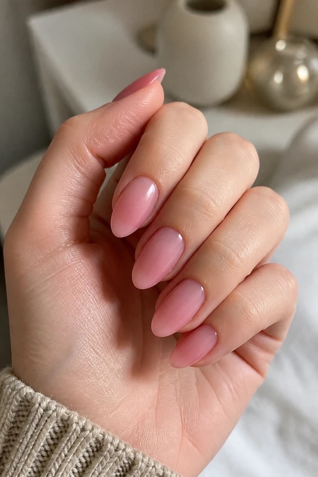 Medium almond nails in pink with a jelly design and a matte finish, fall nail design