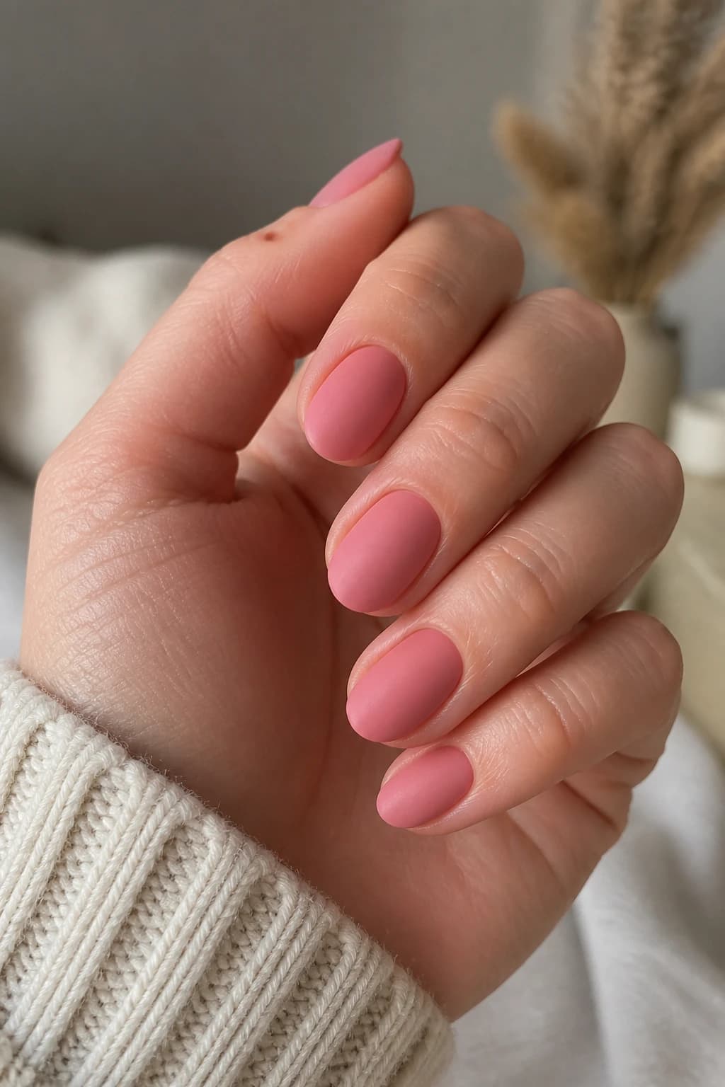 Short almond nails in pink with a matte finish, fall nail design