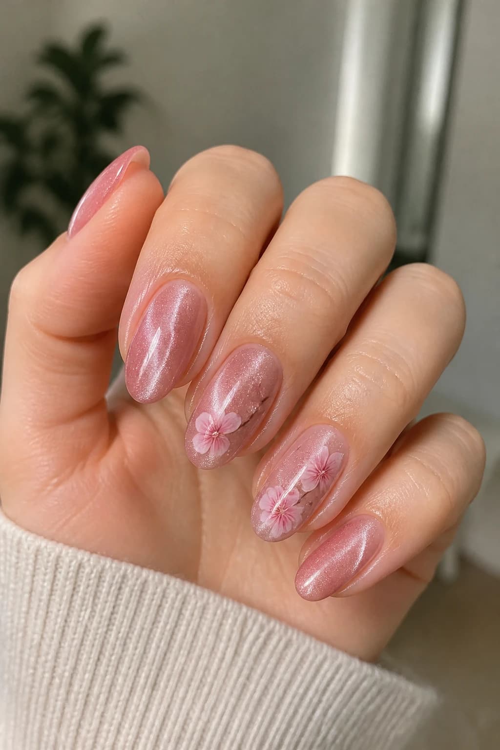 Medium oval nails in pink with a floral design and a cat eye finish