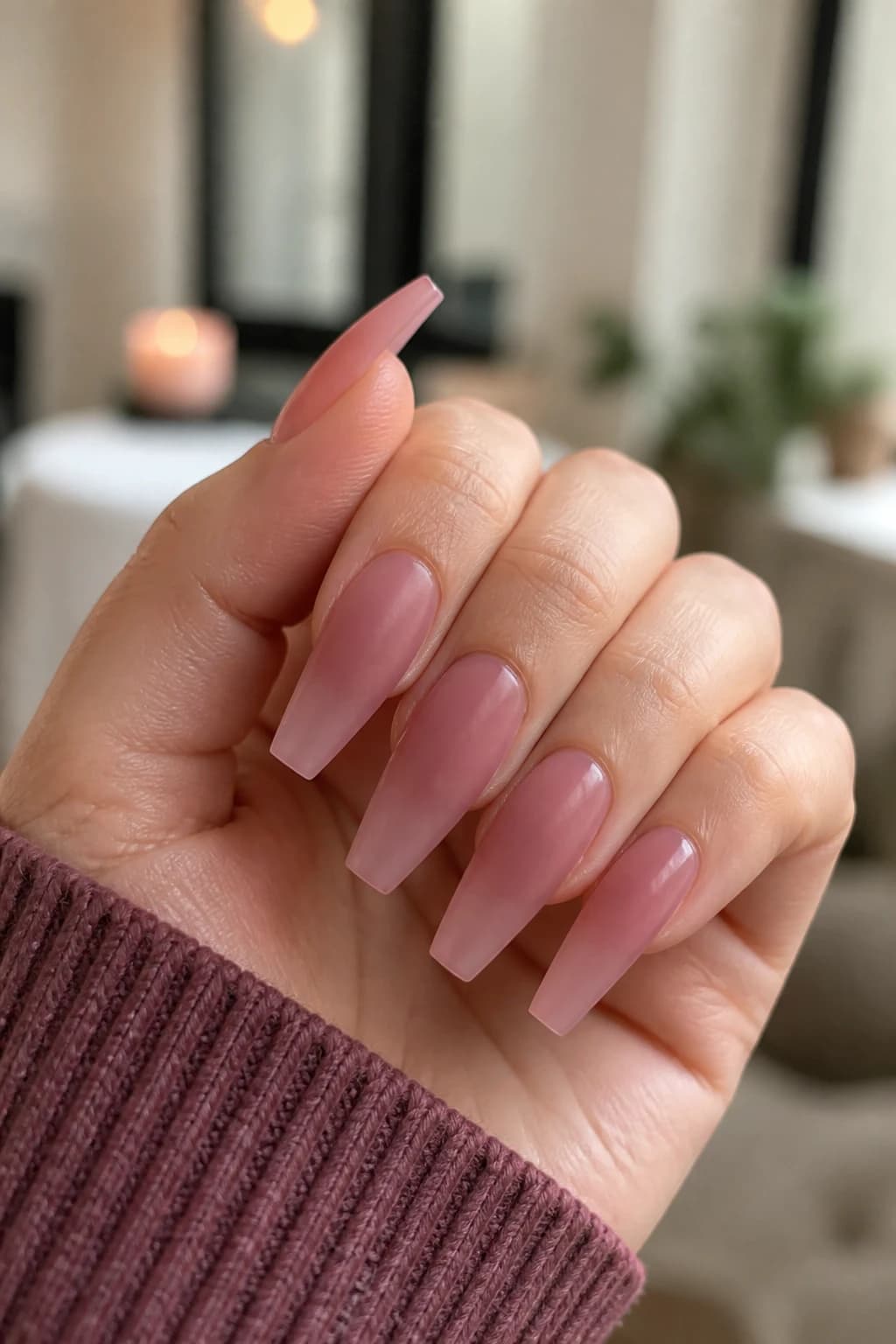 Long coffin nails in pink with a jelly design and a matte finish, fall nail design