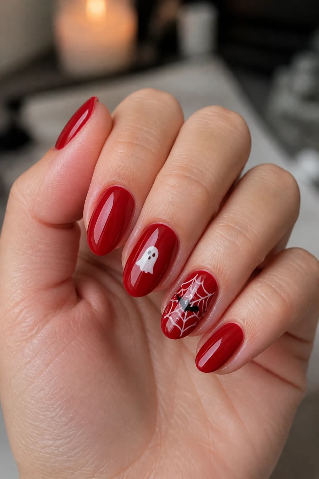 Short almond nails in red with a glossy finish, Halloween nail design