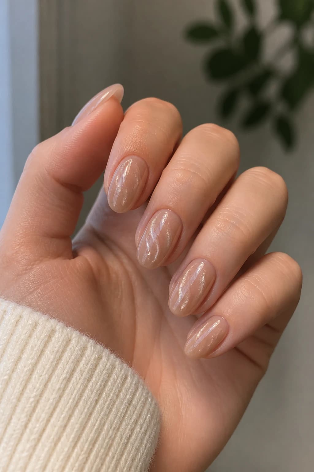 Medium oval nails in nude with a 3D design and a cat eye finish