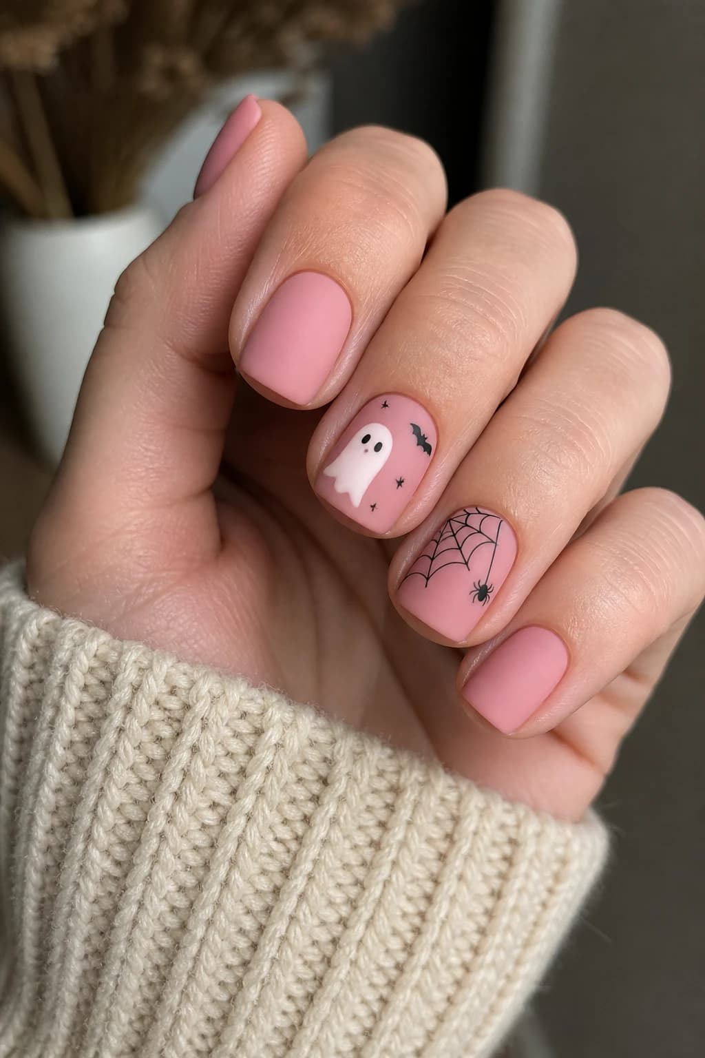 Short square nails in pink with a matte finish, Halloween nail design