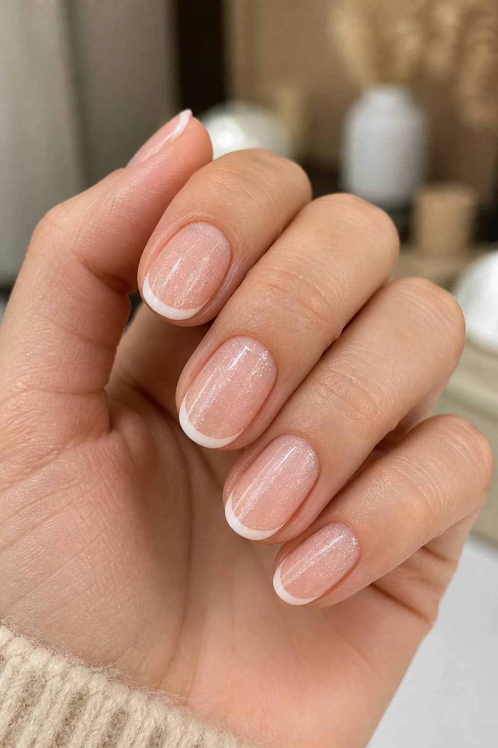 Short almond nails in nude with a French tip design and a glitter finish